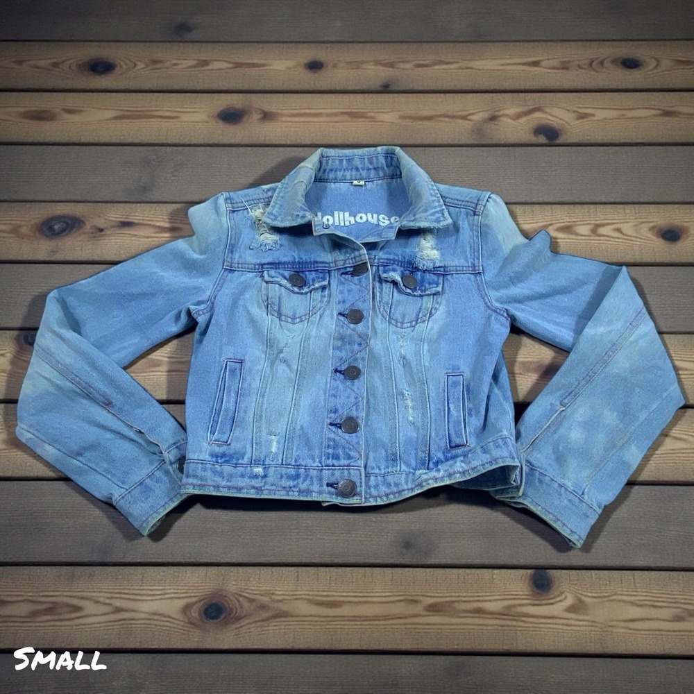 Dollhouse Y2K Cropped Denim‎ Jacket SM Retro Boho Festival Blue Jean Distressed